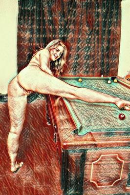 Ich liebe nackte Mädchen am Billardtisch